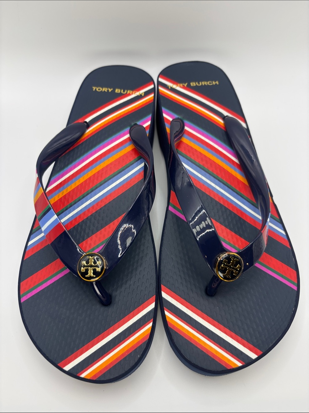 Tory Burch Navy Multicolor Striped Thong Sandals with Gold Logo